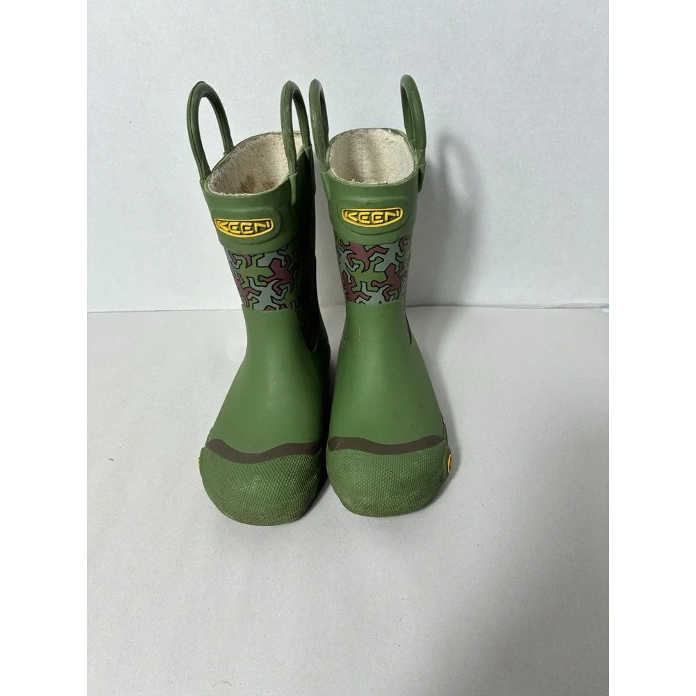 Keen Kids Rain‎ boots Sz 10 Green Rubber Pull On Waterproof Sherpa Lined